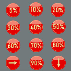 Set of vector icons. Discounts, sales. Gold numbers, percentages on a red background in a glass design. Geometric figures.
