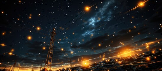 Fototapeta na wymiar Electric transmission tower with yellow glowing cables, with a starry night sky
