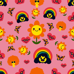 Happy cute sweet groovy hippie funny seamless wallpaper background vector.