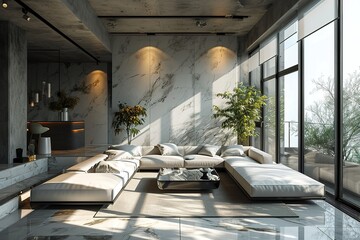 Bright moody beautiful interior design living room with low sofa marble accent professionally styled minimal modern penthouse loft Made with - obrazy, fototapety, plakaty