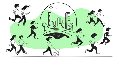 Set of isolated vector icons on sports theme people jogging in park and walking with dog in vintage doodle style