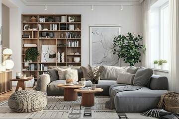 Modern interior design of apartment. Cozy living room with gray sofa, coffee tables, bookshelf and armchairs. Scandinavian home. 3d rendering