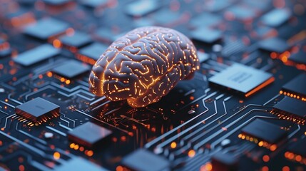 conceptual digital brain glows atop microprocessor, symbolizing advanced artificial intelligence and machine learning