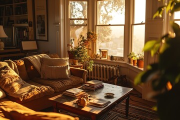 Fototapeta na wymiar Cozy living room during golden hour