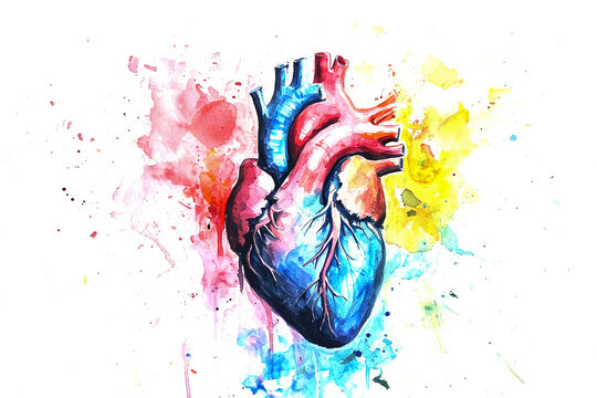 Drawing of a human heart drawn in watercolor