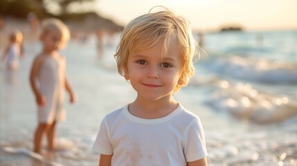 Little Boy Standing on Beach Near Ocean