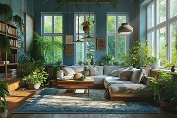 Cozy vintage living room in blue and gray tones. Stylish sofa, wooden coffee table, carpet on the wooden floor, pendant lamp, plants, home decor, large window with garden view.