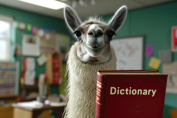 Obraz premium Llama as a teacher of English, in elementary school holding Dictionary book, classroom at background