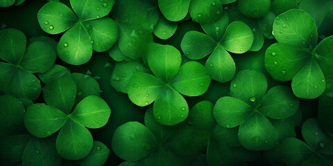 Green leaves  shamrock lucky four leaf clover in the field, Four leaf clover background.
