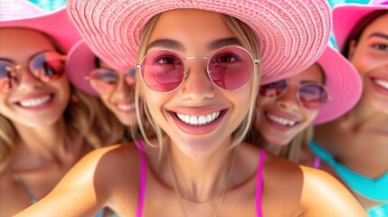 Group of Women Wearing Pink Hats and Sunglasses