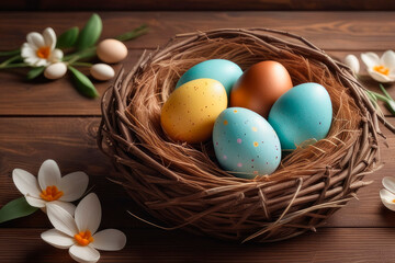 Fototapeta na wymiar Eggs in a birch bark basket of painted eggs over rustic wooden background.