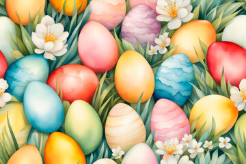 Fototapeta na wymiar Watercolor hand drawn Easter eggs with flowers seamless pattern.