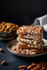 A stack of traditional Spanish dessert Turron with almonds on a plate on black background