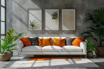 Four empty vertical picture frames in a modern living room with white sofa, orange pillows and plants. Wall art mockup set of 4 posters.