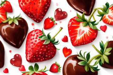 Watercolor valentine strawberries covered chocolate on white background. Holiday design.