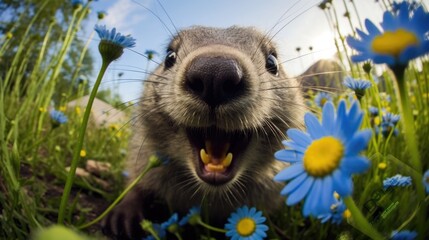 Cute alpine marmot, groundhog standing on its paws. screams and whistling after ibernation on springtime. Groundhog day