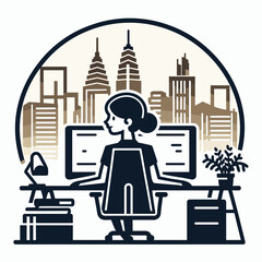 Icon of a woman secretary in modern office with city views
