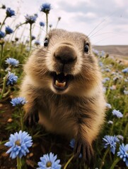 Cute alpine marmot, groundhog standing on its paws. screams and whistling after ibernation on springtime. Groundhog day