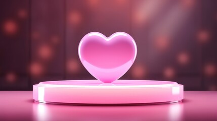 red, pink background for Valentine's Day. with cylinder pedestal, podium. Neon glowing heart. mockup product display