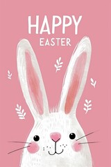 Happy Easter card with white cute smiling bunny on pink background