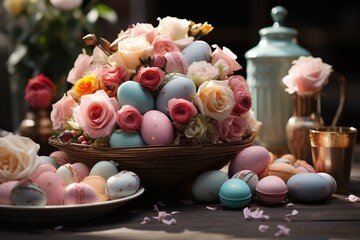 Elegant pastel Easter basket filled with eggs, decorated with flowers.