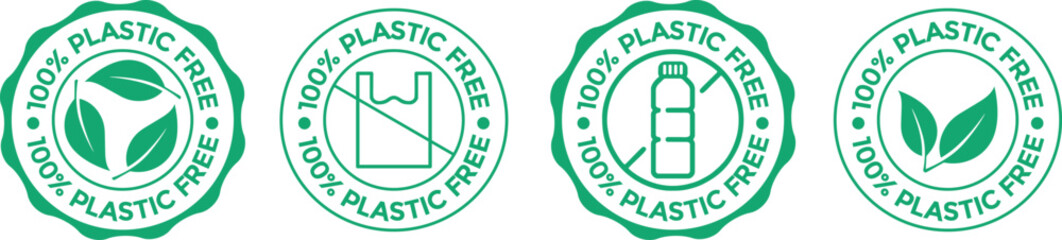 100% plastic-free Badge. Vector logo design set of green plastic free outlined vector emblem. suitable for eco-friendly product packaging icons. - Powered by Adobe