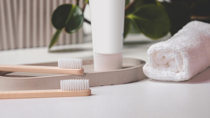 Eco bamboo toothbrushes and toothpaste tube mockup with copy space