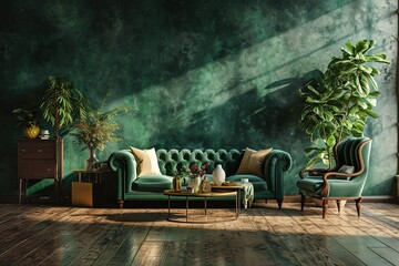 Home interior mock-up with green sofa, table and decor in living room