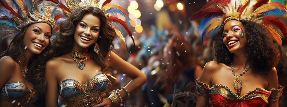 Three beautiful happy women in carnival costumes and feathers at chic carnival against background of bokeh and fireworks. Rio carnival festive concept