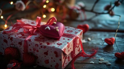 Valentine's day background with gift box and hearts on wooden table. AI generated