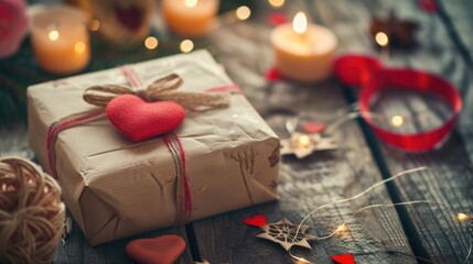 Valentine's day background with gift box and candles on wooden table. AI generated - Powered by Adobe