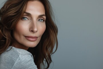 Fototapeta premium Portrait of a beautiful forty year old woman looking into the camera, isolated on a gray background.
