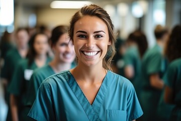 Confident female healthcare professional in scrubs smiling at the camera