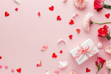 Valentine's day background with flowers and gift box on pink background. AI generated