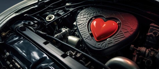 Close up of a red heart on the engine of a modern car