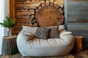 Round rustic loveseat sofa and stump side table near wall with beautiful and unique wooden cut décor. Interior design of modern scandinavian living room.
