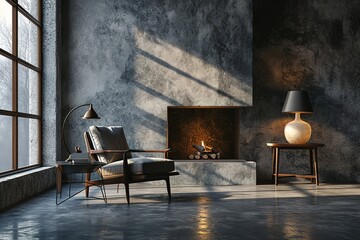 Interior of living room with fireplace, gray concrete floor, and lamp equipped armchair. mock up of a windowed room with a blank wall.