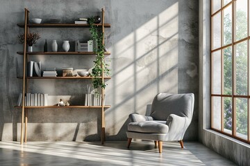Shelving unit near concrete wall and gray armchair near window. Scandinavian style interior design of modern living room
