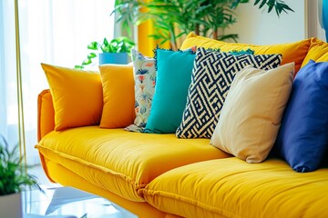 Vibrant yellow sofa with colorful cushions. Minimalist style home interior design of modern living room.