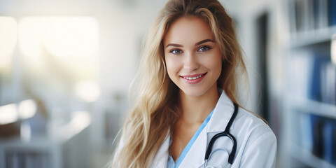 Portrait of friendly happy woman doctor in workwear with stethoscope on against the background of the clinic