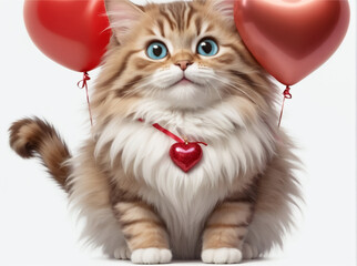 Big cat with beautiful face and big blue eyes, long fur, with bright red heart necklace on its neck, poses among red balloons on a white background.