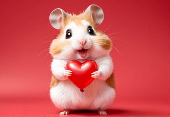 Hamster with a mischievous smile holds a heart to give as a gift for Valentine's Day.