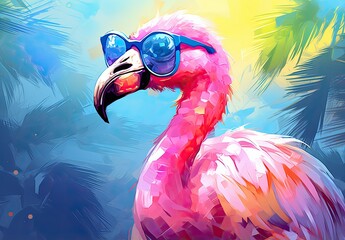 Flamingo. Close-up portrait of a flamingo. A fictional character for advertising and marketing. Humorous character for cover, card, postcard, interior design, banner, poster, brochure or presentation. - obrazy, fototapety, plakaty