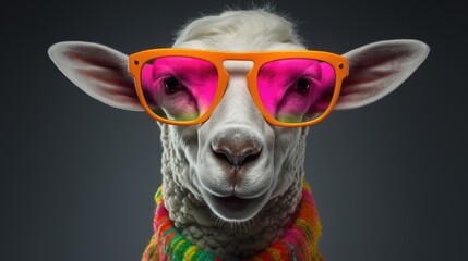 Obraz premium Stylish sheep posing in sunglasses. Close portrait of lamb in fashion style. Illustration for cover, card, postcard, interior design, banner, poster, brochure or presentation.