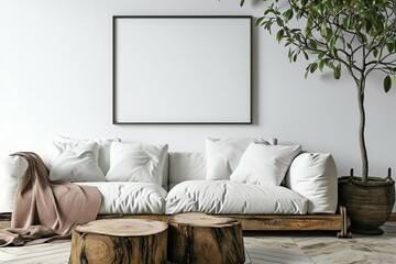 White sofa cushions on wood slab, rustic tree stump side table near white wall with big poster frame. Minimalist home interior design of modern living room