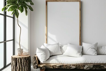 White sofa cushions on wood slab, rustic tree stump side table near white wall with big poster frame. Minimalist home interior design of modern living room