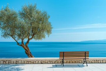 Fototapeta na wymiar Wooden bench on summer white stone terrace and olive tree. Stunning sea view background, summer vacation concept.