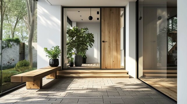 Wooden bench near glass door and steps. Scandinavian interior design of modern entrance hall.