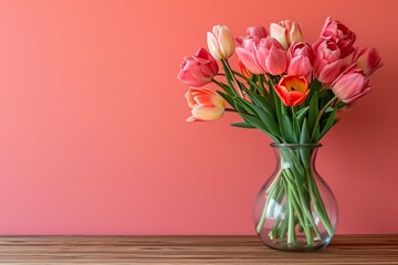 Wooden table with glass vase with bouquet of tulips flowers near empty, blank coral wall. Home interior background with copy space.