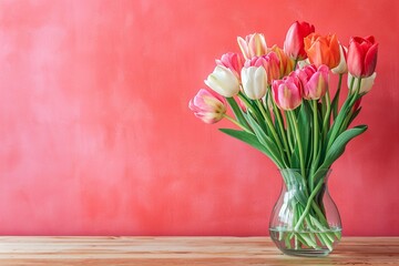 Wooden table with glass vase with bouquet of tulips flowers near empty, blank coral wall. Home interior background with copy space.